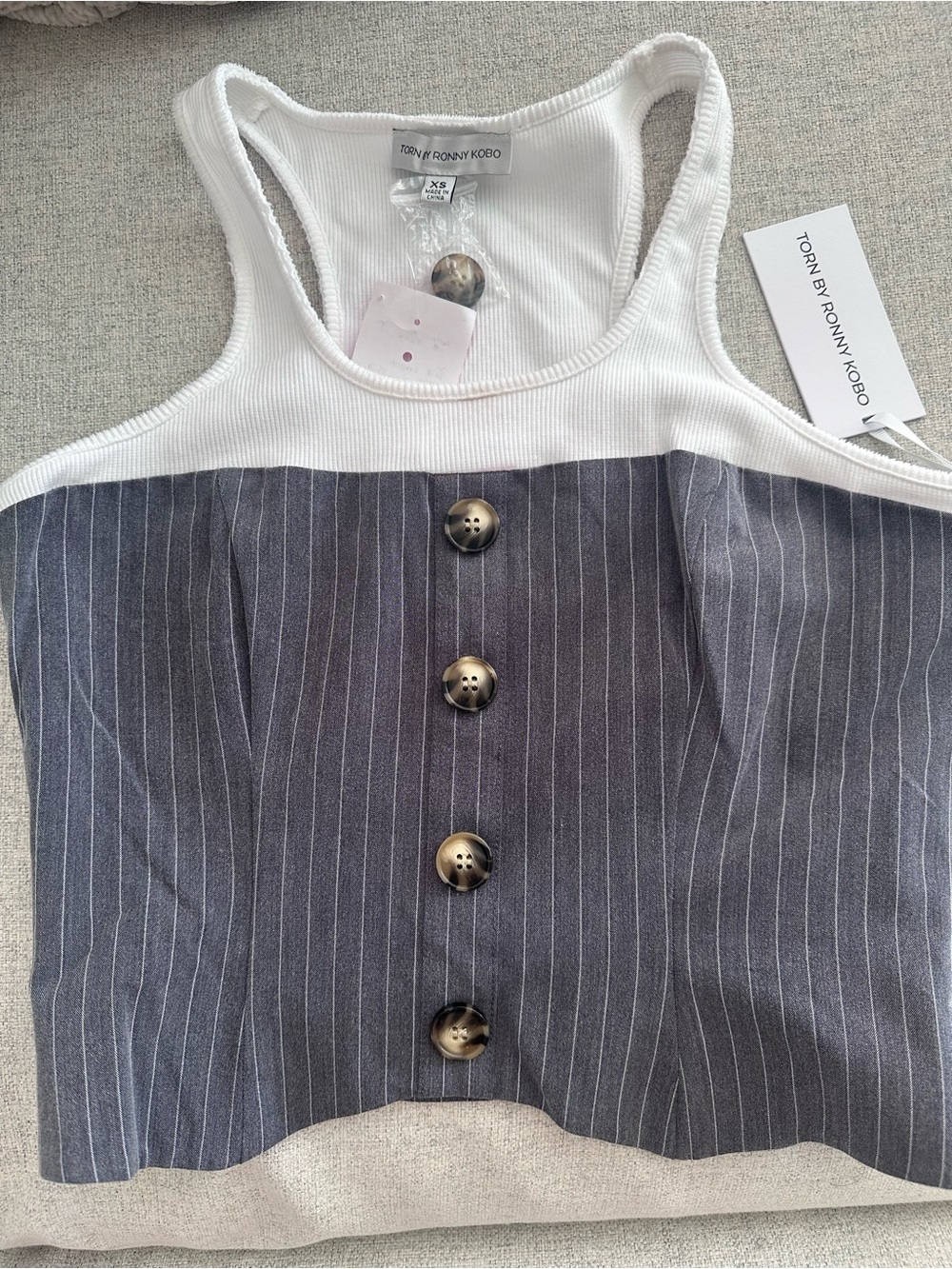 Torn by Ronny Kobo White & Gray Pinstripe Button-Front Ribbed Marina Top Tank
